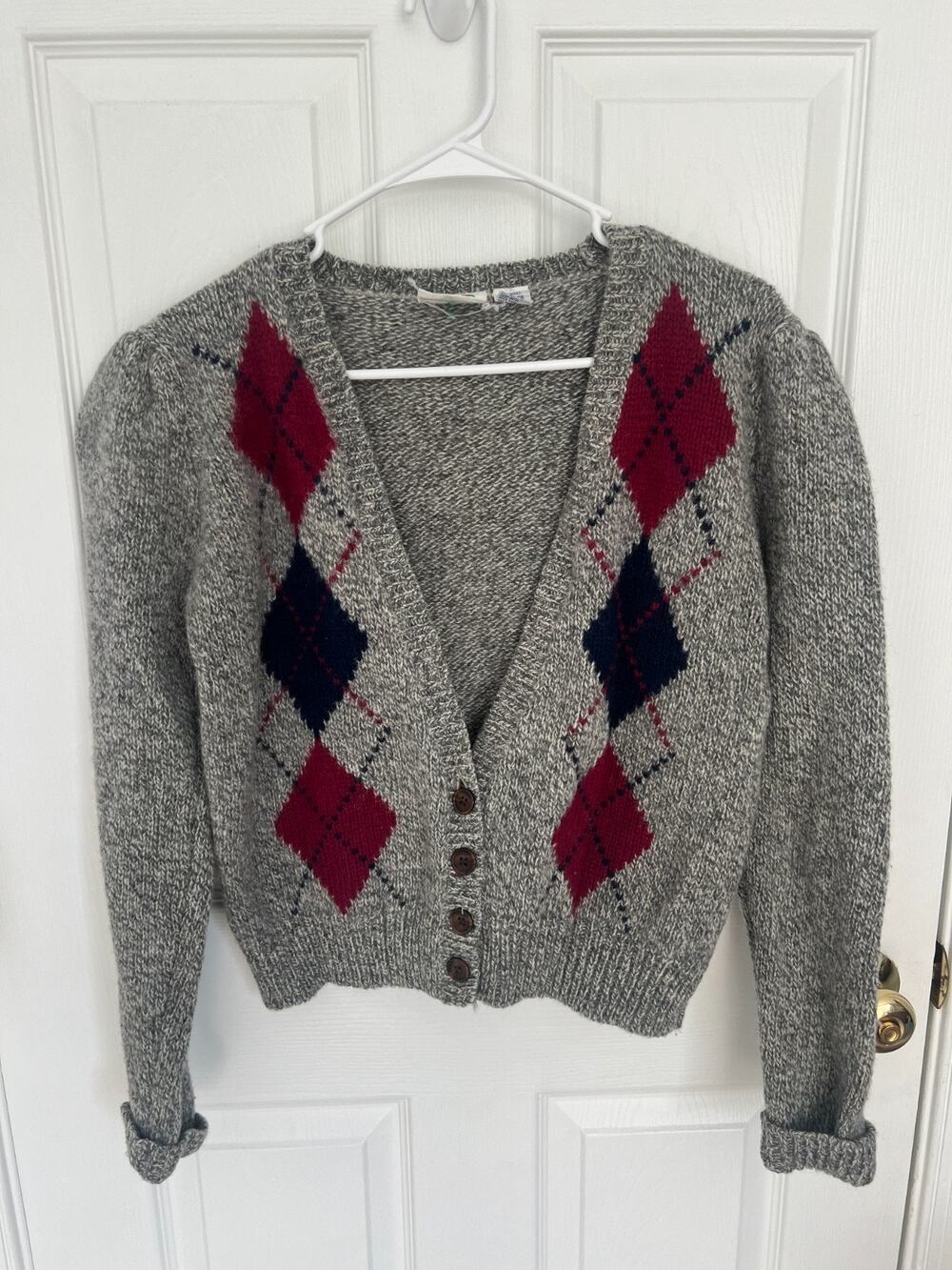 Vintage The Eagle Eye 90% Wool Argyle Cardigan Sweater Gray Burgundy Navy Sz 40